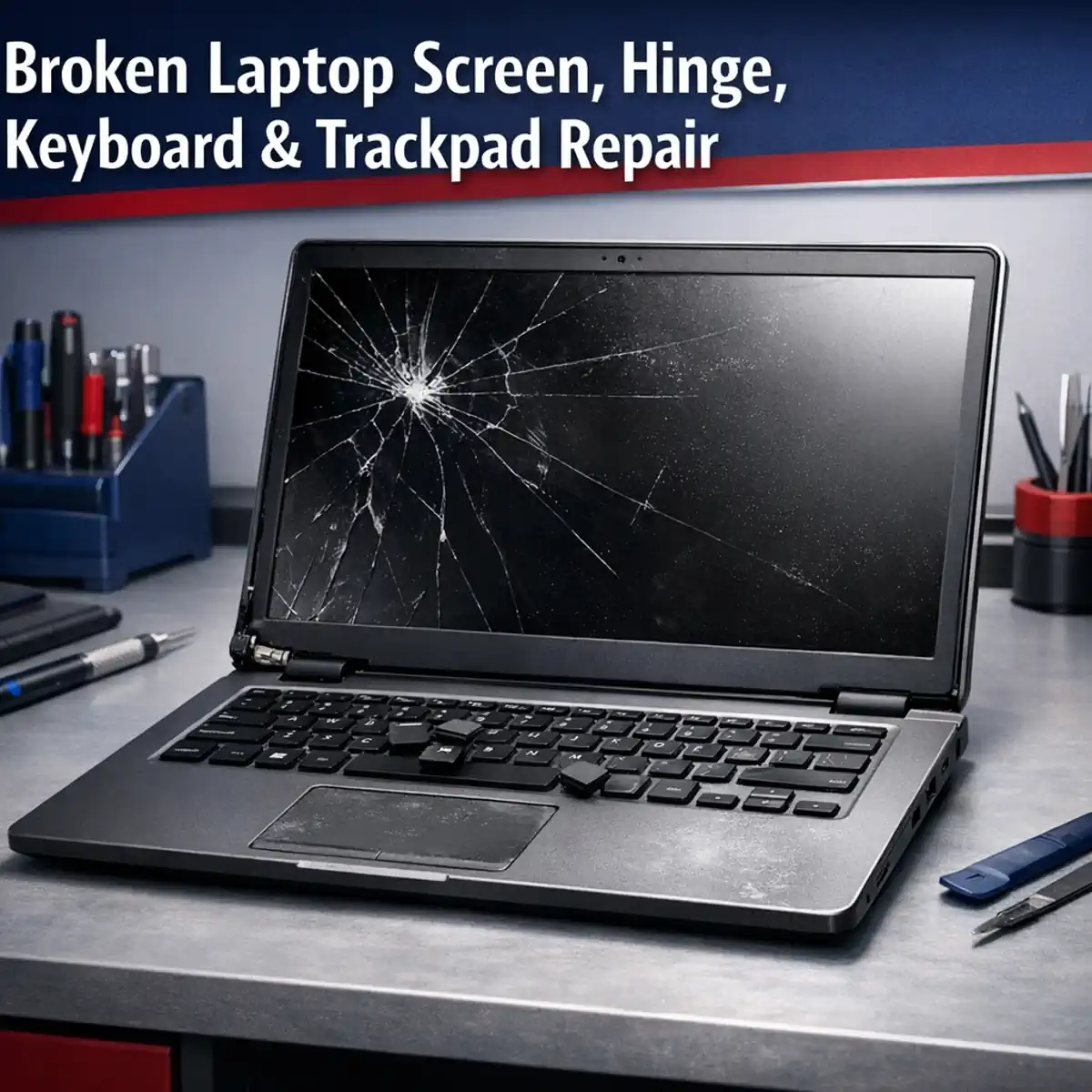 Technician repairing a laptop screen, hinge, keyboard, or trackpad